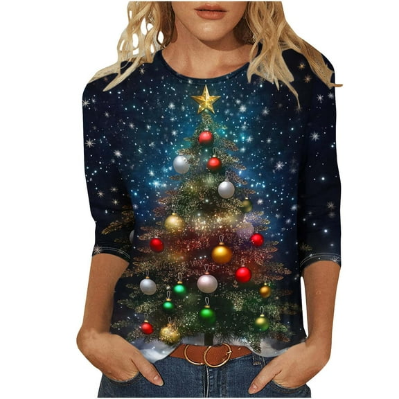 Enjoytime Ladies Winter Tops Christmas Cute Printed Round Neck Casual Blouses 3/4 Sleeve Loose Trendy Plus Size Fashion Shirts Multicolor XL