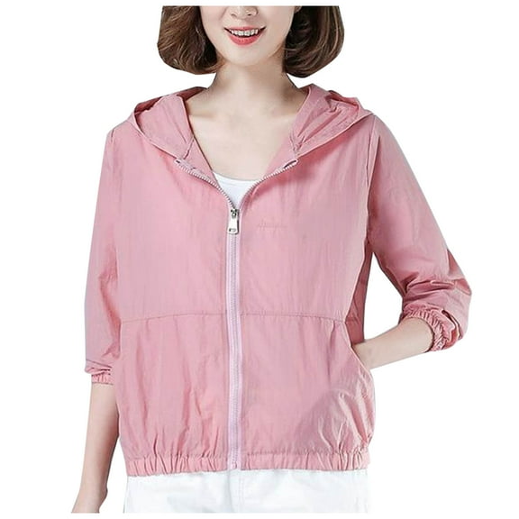 Enjoytime Light Jackets for Women Casual Solid Color Long Sleeve Coats Fashion Sun Protection Outerwear with Hood Plus Size Clothes Pink L