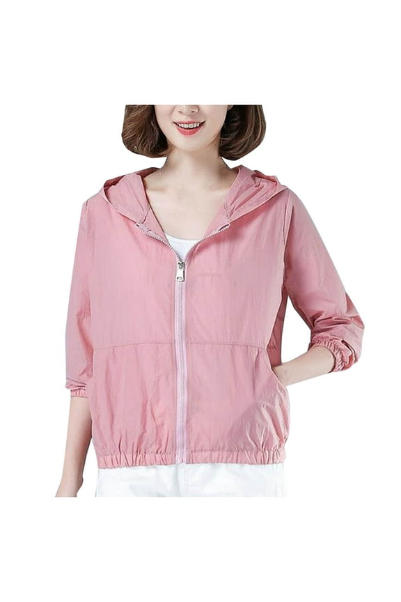 Light Jackets for Women Casual Solid Color Long Sleeve Coats Fashion Sun Protection Outerwear with Hood Plus Size Clothes Pink M