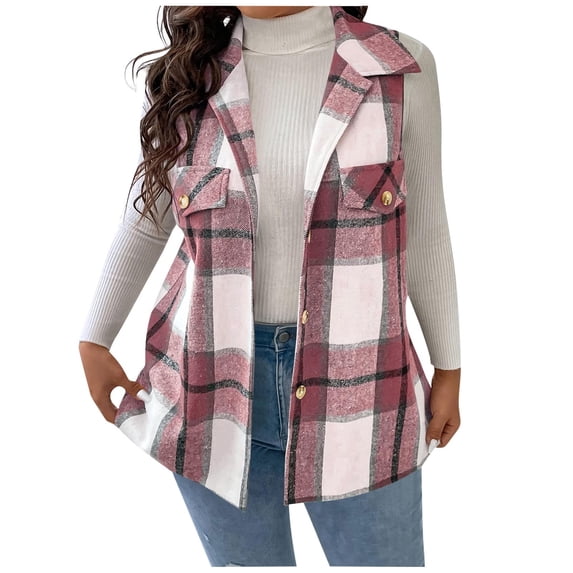 Enjoytime Light Jackets for Women Plaid Lapel Sleeveless Button Down Coats Plus Size Fashion Casual Outerwear with Pocket Pink L
