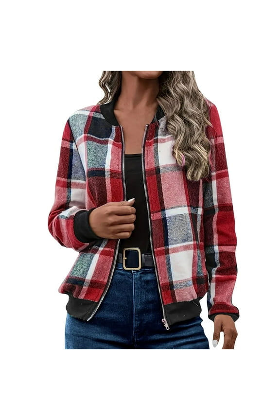 Light Jackets for Women Plaid Patchwork Long Sleeve Round Neck Zip Up Coat Lightweight Fashion Outerwear Red L