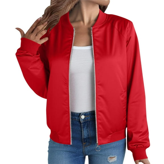 Enjoytime Light Weight Jackets Womens Long Sleeve Zipper Cropped Outerwear Fall Winter Fashion Casual Solid Color Coat Red XL