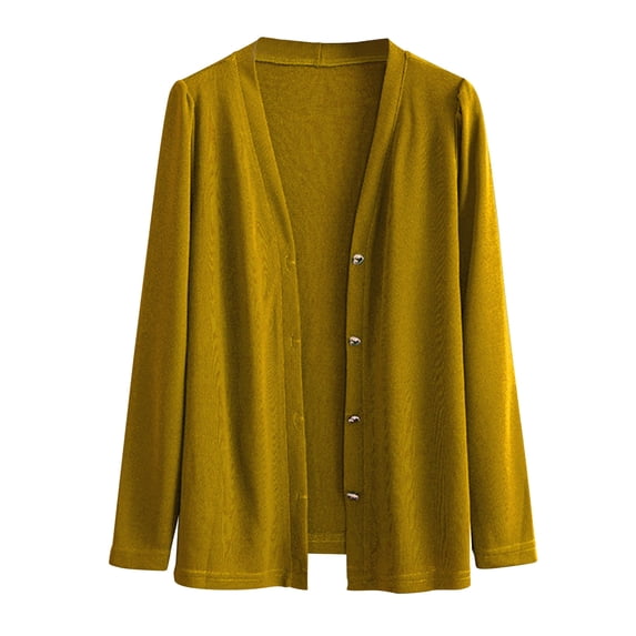 Enjoytime Lightweight Cardigans for Women Solid Color Button Down Knitted Coats Long Sleeve Casual Jackets Plus Size Clothes Gold XXXXXL