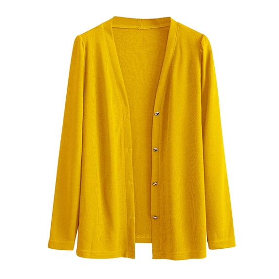 Enjoytime Lightweight Cardigans for Women Solid Color Button Down Knitted Coats Long Sleeve Casual Jackets Plus Size Clothes Yellow XXXXXL