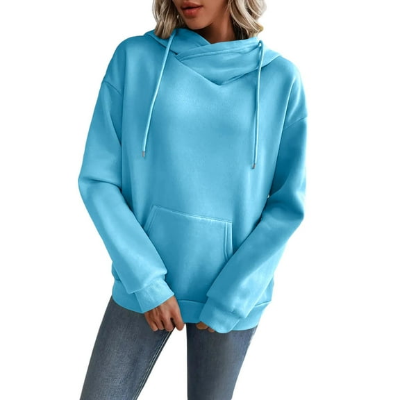 Enjoytime Lightweight Hoodies for Women Fashion Solid Color Long Sleeve Crewneck Sweatshirt Casual Loose Pullover Tops Light Blue S