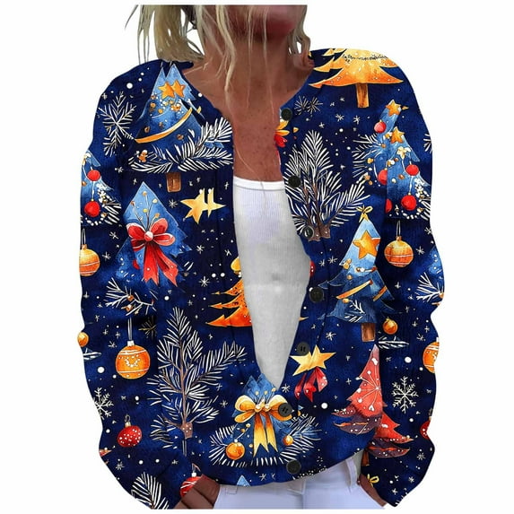 Enjoytime Lightweight Jacket Women Christmas Printed Long Sleeve Button Down Coats Fashion Casual Cropped Cardigans Fall Plus Size Clothes