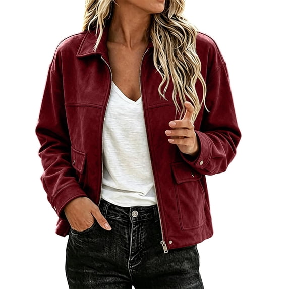 Enjoytime Lightweight Jacket Women Fall Winter Lapel Collar Zip Up Cropped Coat Casual Trendy Long Sleeve Outerwear