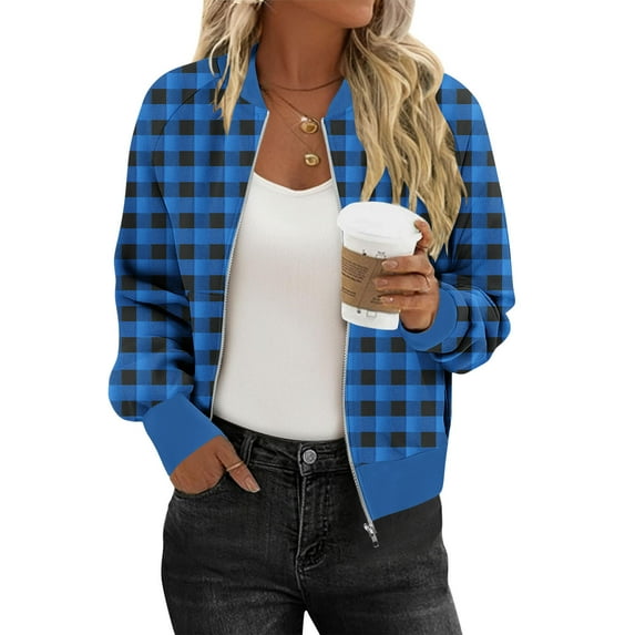 Enjoytime Lightweight Jacket Women Plaid Printed Long Sleeve Full Zip Up Coats Fall Winter Fashion Casual Outerwear