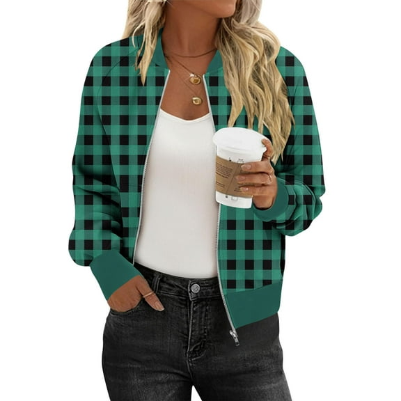 Enjoytime Lightweight Jacket Women Plaid Printed Long Sleeve Full Zip Up Coats Fall Winter Fashion Casual Outerwear