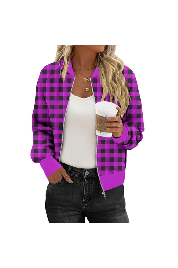 Lightweight Jacket Women Plaid Printed Long Sleeve Full Zip Up Coats Fall Winter Fashion Casual Outerwear