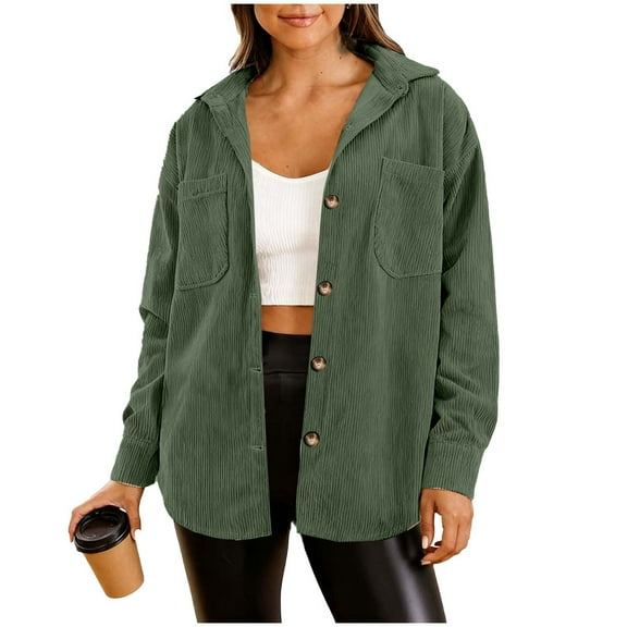 Enjoytime Lightweight Jacket Women Solid Color Casual Fashion Coats Corduroy Lapel Long Sleeve Button Down Blouses Army Green L