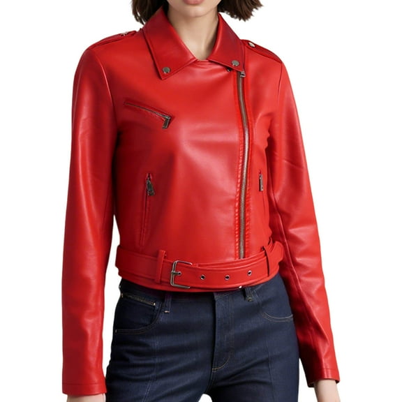 Enjoytime Lightweight Jacket Women Solid Color Lapel Leather Short Outerwear Fashion Trendy Lightweight Casual Long Sleeve Coat Red S