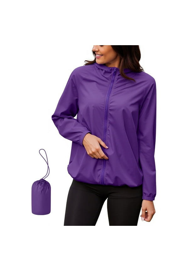Lightweight Rain Jacket Women Solid Color Waterproof Packable Raincoat Hooded Windbreaker for Travel Outdoor