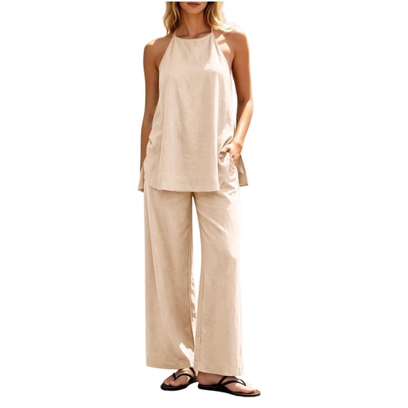 Enjoytime Linen 2 Piece Sets for Women Halter Neck Sleeveless Tops with Wide Leg Pants Set Casual Travel Summer Outfits
