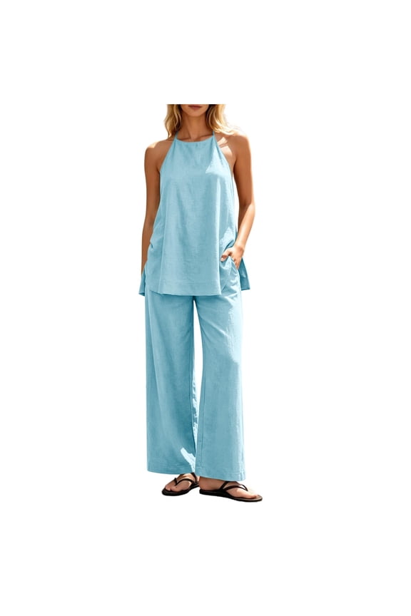 Linen 2 Piece Sets for Women Halter Neck Sleeveless Tops with Wide Leg Pants Set Casual Travel Summer Outfits