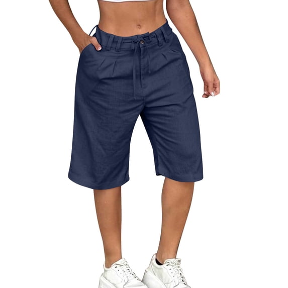 Enjoytime Linen Shorts for Women Summer Casual Drawstring Elastic Waist Knee Length Lightweight Plus Size Shorts