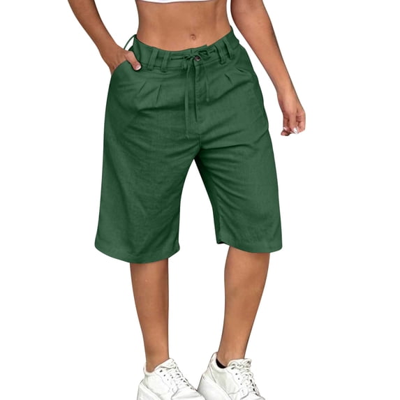 Enjoytime Linen Shorts for Women Summer Casual Drawstring Elastic Waist Knee Length Lightweight Plus Size Shorts
