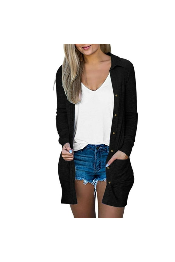 Long Cardigans for Women Solid Color Long Sleeve Tops Open Front Button Outwear with Pockets
