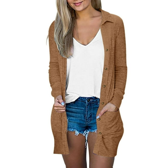 Enjoytime Long Cardigans for Women Solid Color Long Sleeve Tops Open Front Button Outwear with Pockets