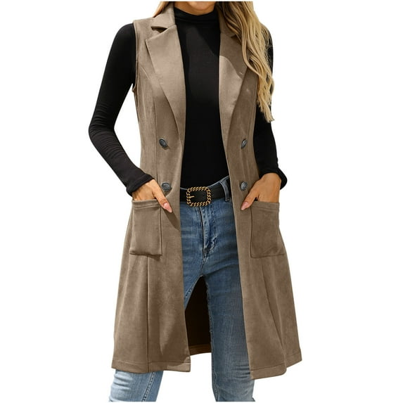 Enjoytime Long Coat Women Solid Color Sleeveless Button Down Waistcoat Vintage Fashion Business Casual Outerwear Fall Winter Jackets