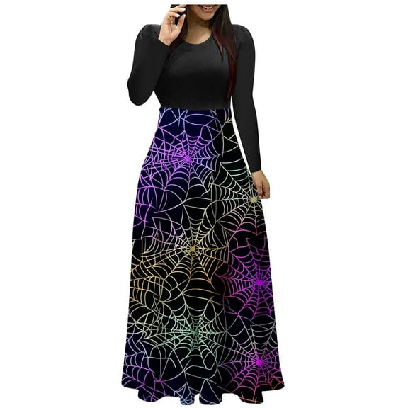 Enjoytime Long Dresses for Women Halloween Printed Long Sleeve Round Neck Goth Dress Patchwork Vintage Party Dress Purple L