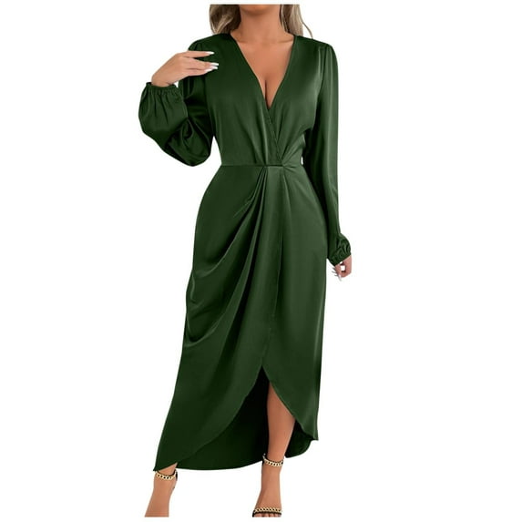 Enjoytime Long Dresses for Women Solid Color V-Neck Long Sleeve Satin Party Dress Elegant Fashion Wedding Guest Dresses