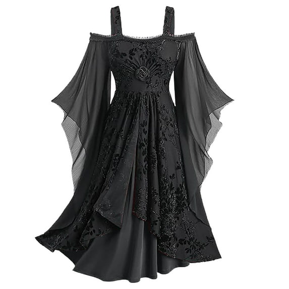Enjoytime Long Dresses for Women Vintage Printed Cold Shoulder Long Sleeve Dress Lace Up Halloween Costumes