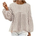 thumbnail image 1 of Enjoytime Long Puff Sleeve Blouses for Women Round Neck Pleated Womens Loose Fit Shirts Top Plaid Printed Cute Tops Women Clothing, 1 of 4