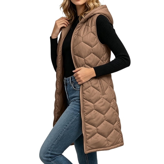 Enjoytime Long Puffer Vest for Women Sleeveless Zip Up Hooded Quilted Gilet Fall Winter Warm Casual Padded Outerwear with Zipper Pockets