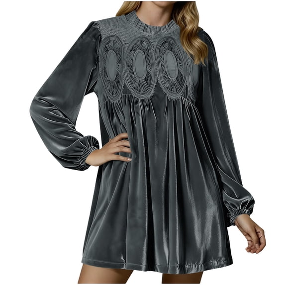 Enjoytime Long Sleeve Dress for Women Solid Color Crewneck Velvet Mini Dresses Fashion Elegant Casual Party Dress