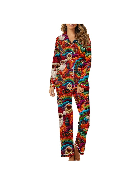 Long Sleeve Pajama Set for Women Christmas Cute Printed Matching Loungewear Comfy Sleepwear Fall Winter Casual 2 Piece Outfits