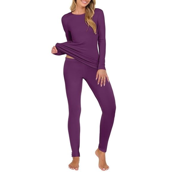 Enjoytime Long Sleeve Pajama Set for Women Solid Color Crewneck Tops Pants 2 Piece Outfits Fall Winter Base Warm Comfy Loungewear Sets