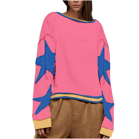 Enjoytime Long Sleeve Shirts for Women Casual Cute Star Printed Oversized Pullover Sweatshirt Womens Trendy Basics Tees Tops Clothing