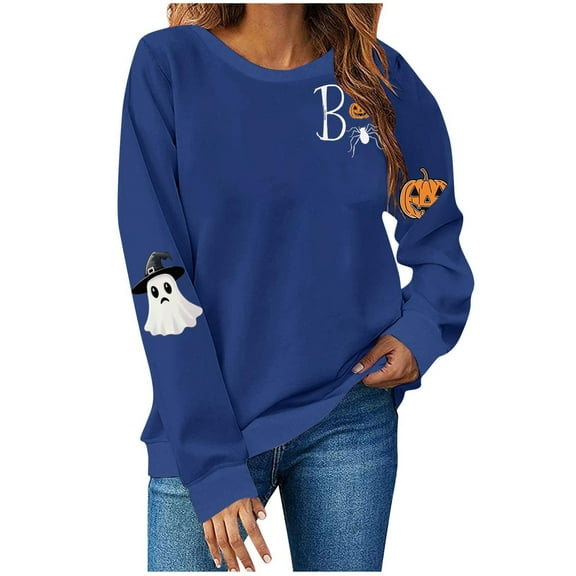 Enjoytime Long Sleeve Shirts for Women Ghost Printed Long Sleeve Pullover Sweatshirts Cute Casual Loose Tops Halloween Crewneck Sweatshirt Navy XXL