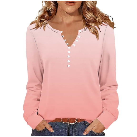 Enjoytime Long Sleeve Shirts for Women Gradient V-Neck Open Button Blouses Business Casual Trendy Plus Size Tops Pink XXXL