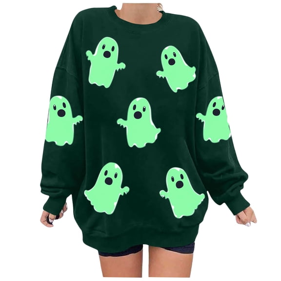 Enjoytime Long Sleeve Shirts for Women Halloween Cute Ghost Printed Round Neck Pullover Tops Vintage Spooky Season Casual Loose Sweatshirts
