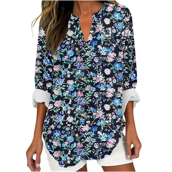 Enjoytime Long Sleeve Shirts for Women Loose Casual Business Work Floral Printing Blouses Plus Size Womens Clothing
