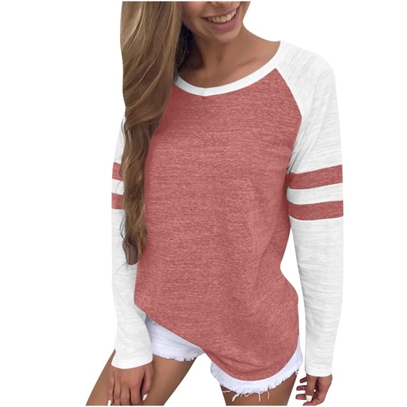 Enjoytime Long Sleeve Shirts for Women Patchwork Crewneck Casual Tops Fashion Trendy Fall Winter Plus Size Blouse Red M