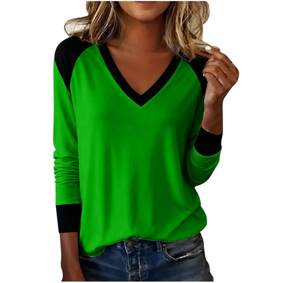 Enjoytime Long Sleeve Shirts for Women Patchwork V-Neck Loose Casual Blouses Fashion Lightweight Pullover Tops Green XXL