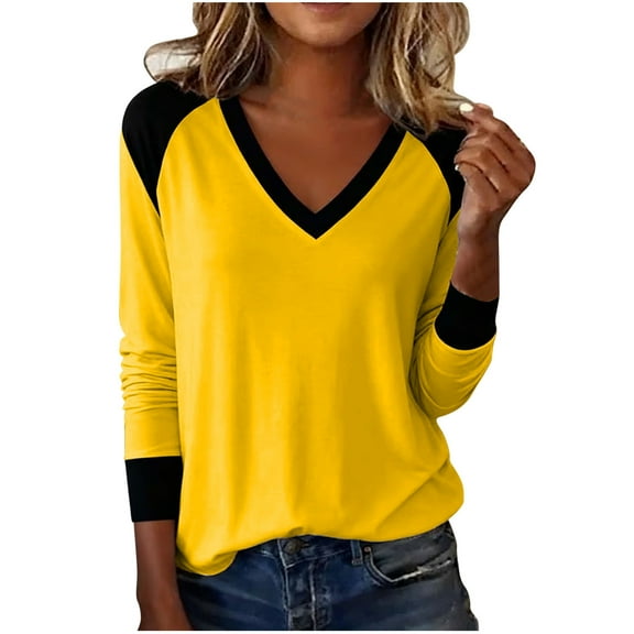 Enjoytime Long Sleeve Shirts for Women Patchwork V-Neck Loose Casual Blouses Fashion Lightweight Pullover Tops Yellow L