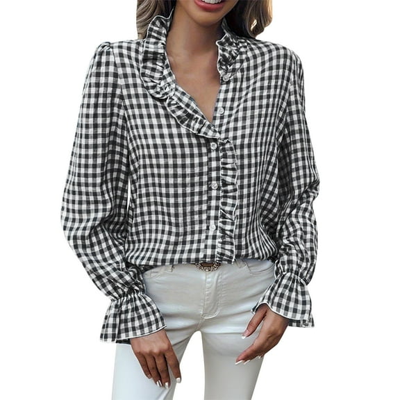 Enjoytime Long Sleeve Shirts for Women Plaid Lapel Ruffle Long Sleeve Button Down Blouses Fall Winter Fashion Business Casual Tops