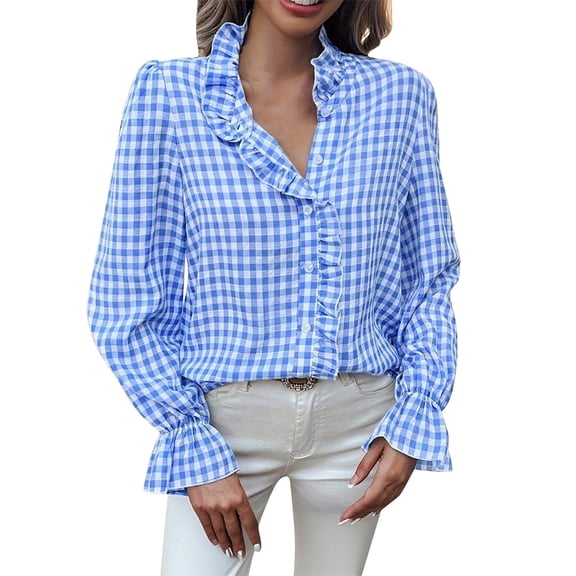 Enjoytime Long Sleeve Shirts for Women Plaid Lapel Ruffle Long Sleeve Button Down Blouses Fall Winter Fashion Business Casual Tops