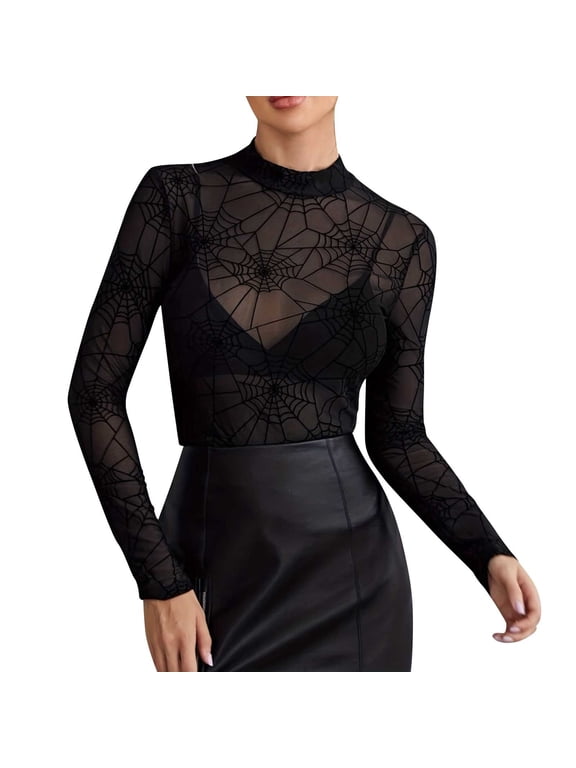 Long Sleeve Shirts for Women Print Mock Neck Sheer Mesh Tops Holiday Party See Through Fitted Blouse