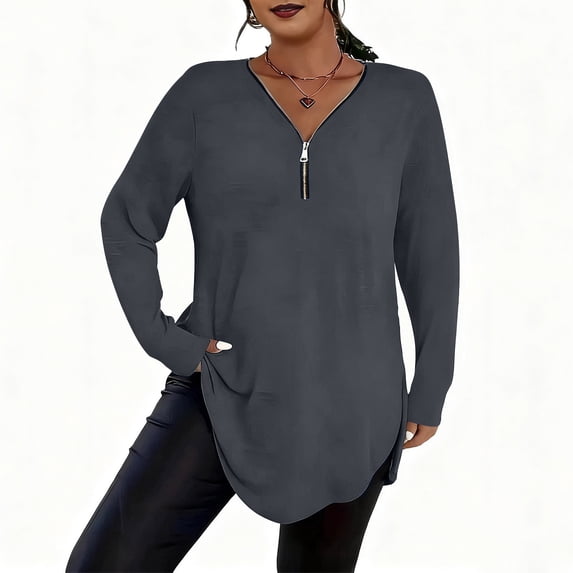 Enjoytime Long Sleeve Shirts for Women Solid Color Crewneck Zipper Knit Casual Tops Business Work Fashion Plus Size Blouse Dark Gray XXL