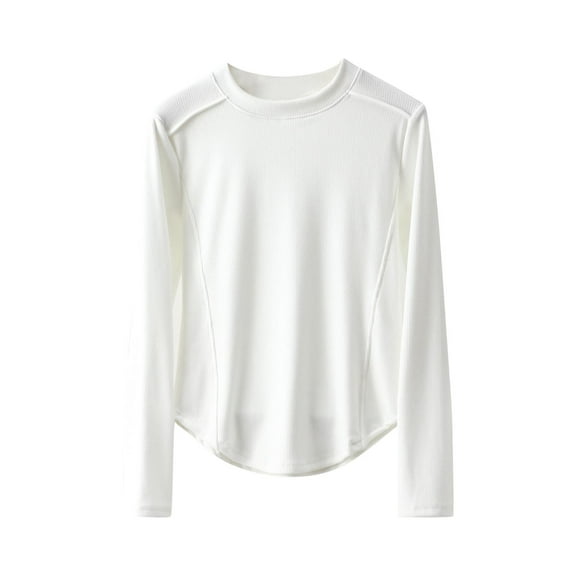 Enjoytime Long Sleeve Shirts for Women Solid Color Round Neck Fleece Thermal Undershirt Fashion Fall Winter Plus Size Women Blouses White XL