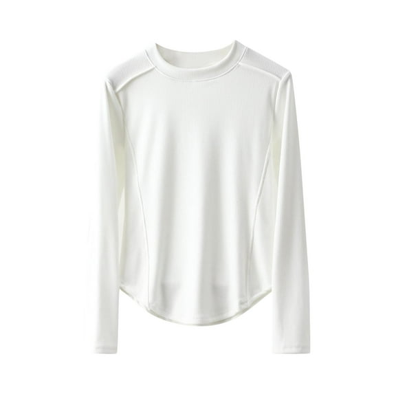 Enjoytime Long Sleeve Shirts for Women Solid Color Round Neck Fleece Thermal Undershirt Fashion Fall Winter Plus Size Women Blouses White XXXL