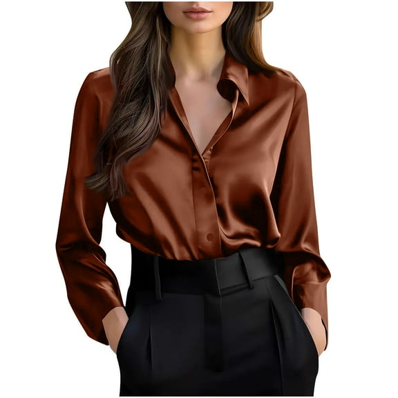 Enjoytime Long Sleeve Shirts for Women Solid Color Turndown Collar Button Down Blouses Business Casual Work Tops Coffee L
