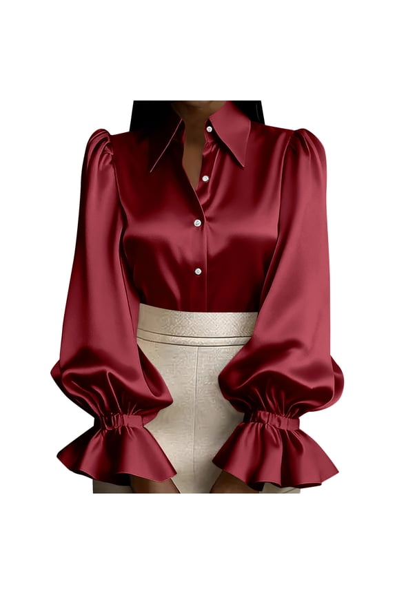 Long Sleeve Shirts for Women Solid Color Turndown Collar Puffed Sleeve Satin Tops Dressy Business Casual Blouses Wine XXL