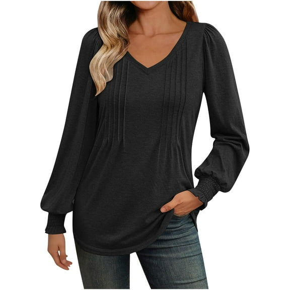 Enjoytime Long Sleeve Shirts for Women Solid Color V-Neck Pleated Business Casual Tops Fall Winter Fashion Work Blouses Black XL