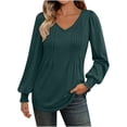thumbnail image 1 of Enjoytime Long Sleeve Shirts for Women Solid Color V-Neck Pleated Business Casual Tops Fall Winter Fashion Work Blouses Green XXL, 1 of 6